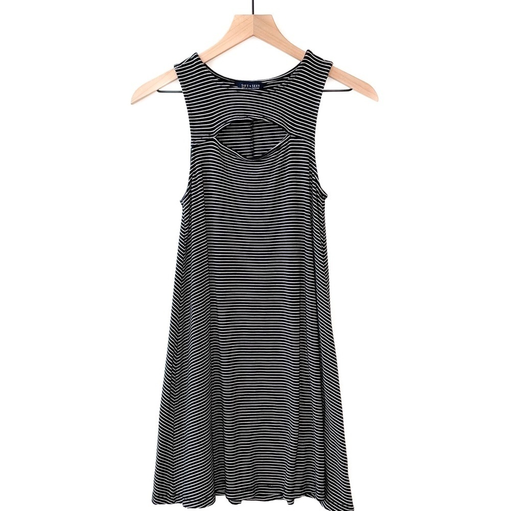 American Eagle Striped Soft & Sexy Mini Dress Front Cutout Black White Stretchy